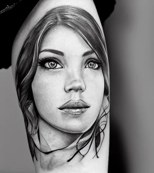 Prompt: a beautiful girl portrait, faded mountain background, realism tattoo, in the style of den yakovlev, black and white, hyper realistic, highly detailed