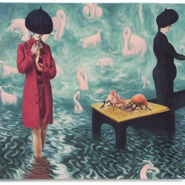 Prompt: tall female emo artist holding a pig in a flooded cafe, octopus, water gushing from ceiling, painting of flood waters inside a cafe, a river flooding indoors, pomegranates, pigs, ikebana, water, octopus, river, rapids, waterfall, black swans, canoe, berries, acrylic on canvas, surrealist, by magritte and monet