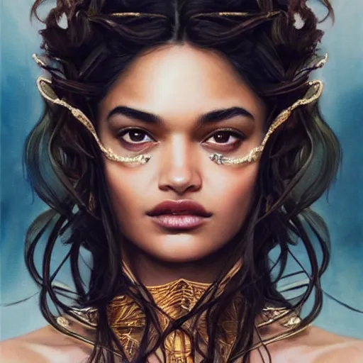 Prompt: Portrait of a Shanina Shaik as Medusa, Watercolor, photorealistic, high resolution, award winning, trending on artstation, olive skin, long dark hair, beautiful bone structure, intricate, elegant, highly detailed, digital painting, artstation, concept art, smooth, sharp focus, illustration, art by artgerm and greg rutkowski and alphonse mucha