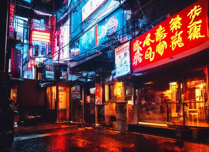 Prompt: exterior of an open cyberpunk ramen place during a rainy night