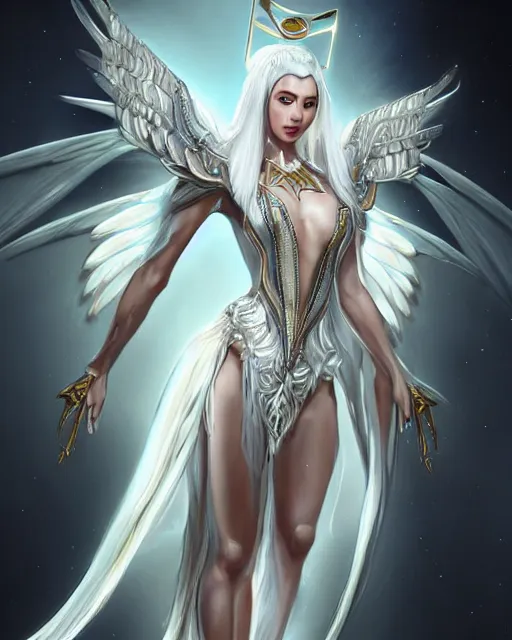 Image similar to perfect white haired egyptian goddess wearing white dove wings, warframe armor, regal, attractive, ornate, sultry, beautiful, dreamy, half asian, pretty face, blue eyes, detailed, scifi platform, 4 k, ultra realistic, epic lighting, android body, illuminated, cinematic, masterpiece, art by akihito tsukushi, voidstar, artgerm