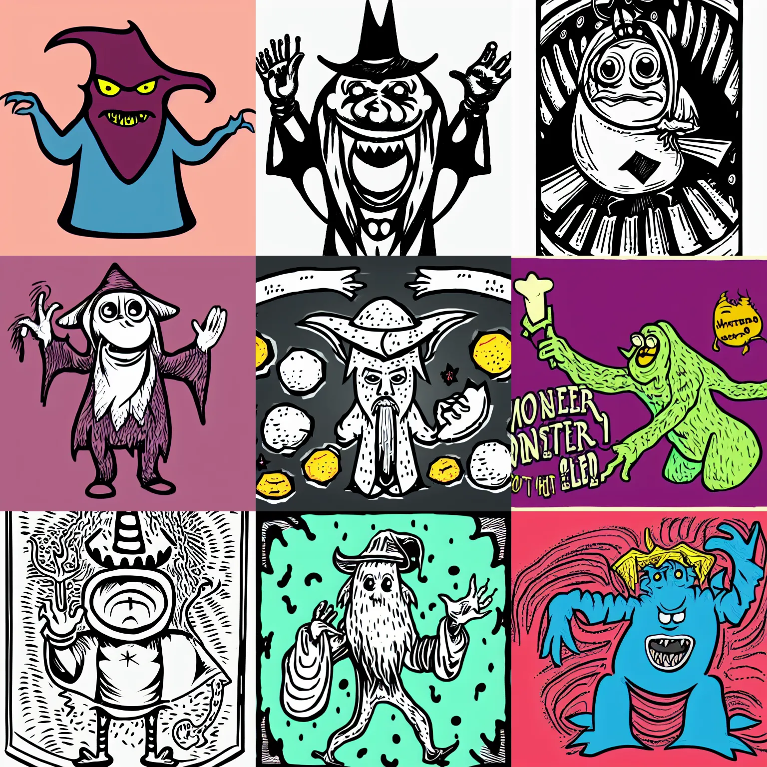 Prompt: weird wizard 🥓 monster in a hand-drawn vector, svg, cult-classic-comic-style