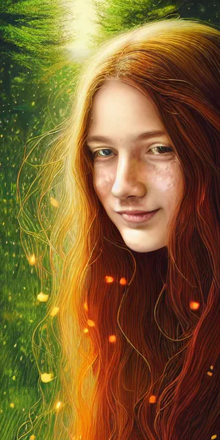 Image similar to infp young woman, smiling amazed, golden fireflies lights, sitting in the midst of nature fully covered, long loose red hair, intricate linework, bright accurate green eyes, small nose with freckles, oval shape face, realistic, expressive emotions, dramatic lights magical scene, hyper realistic ultrafine art by michael cheval, jessica rossier, boris vallejo