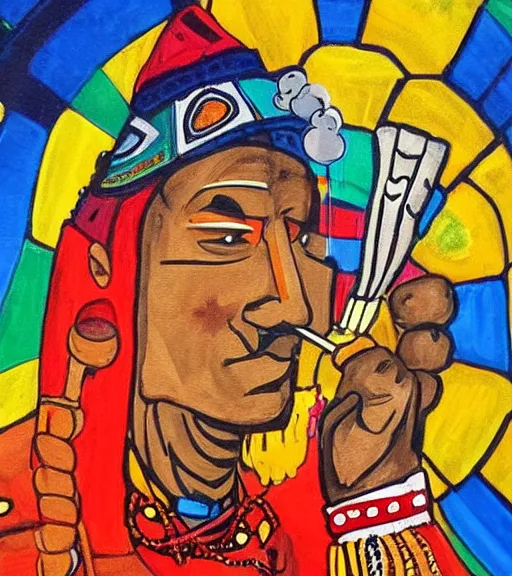 Image similar to Painting of a shaman dressed in a colorful traditional clothes. He is smoking a pipe. From the pipe there is a whole universe escaping and filing the sky