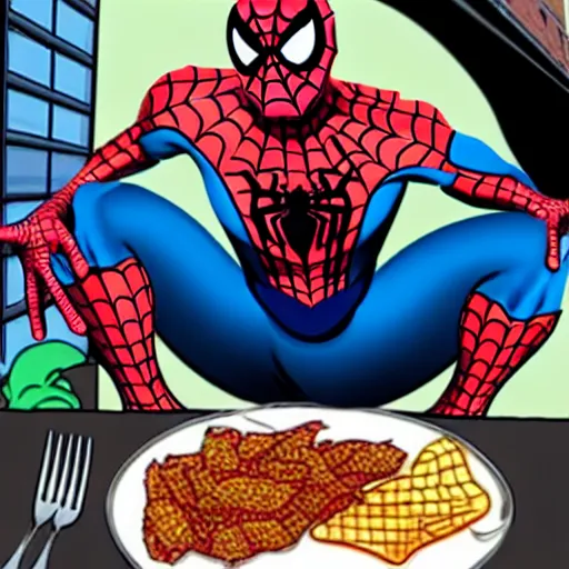 Image similar to spiderman eating greasy food from arby's