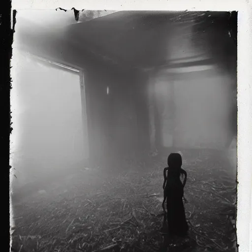 Image similar to an ancient demon-girl devouring the souls of the human kind on an abandoned house, Colombian jungle, mist, 1910 polaroid photography, grainy film, Black and white