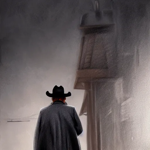 Prompt: a man with a long coat,grey hair and a cowboy hat walking in a western town, drawn by Shaddy Safadi, portrait, fantasy art, dramatic lighting, digital art, 8k, highly detailed