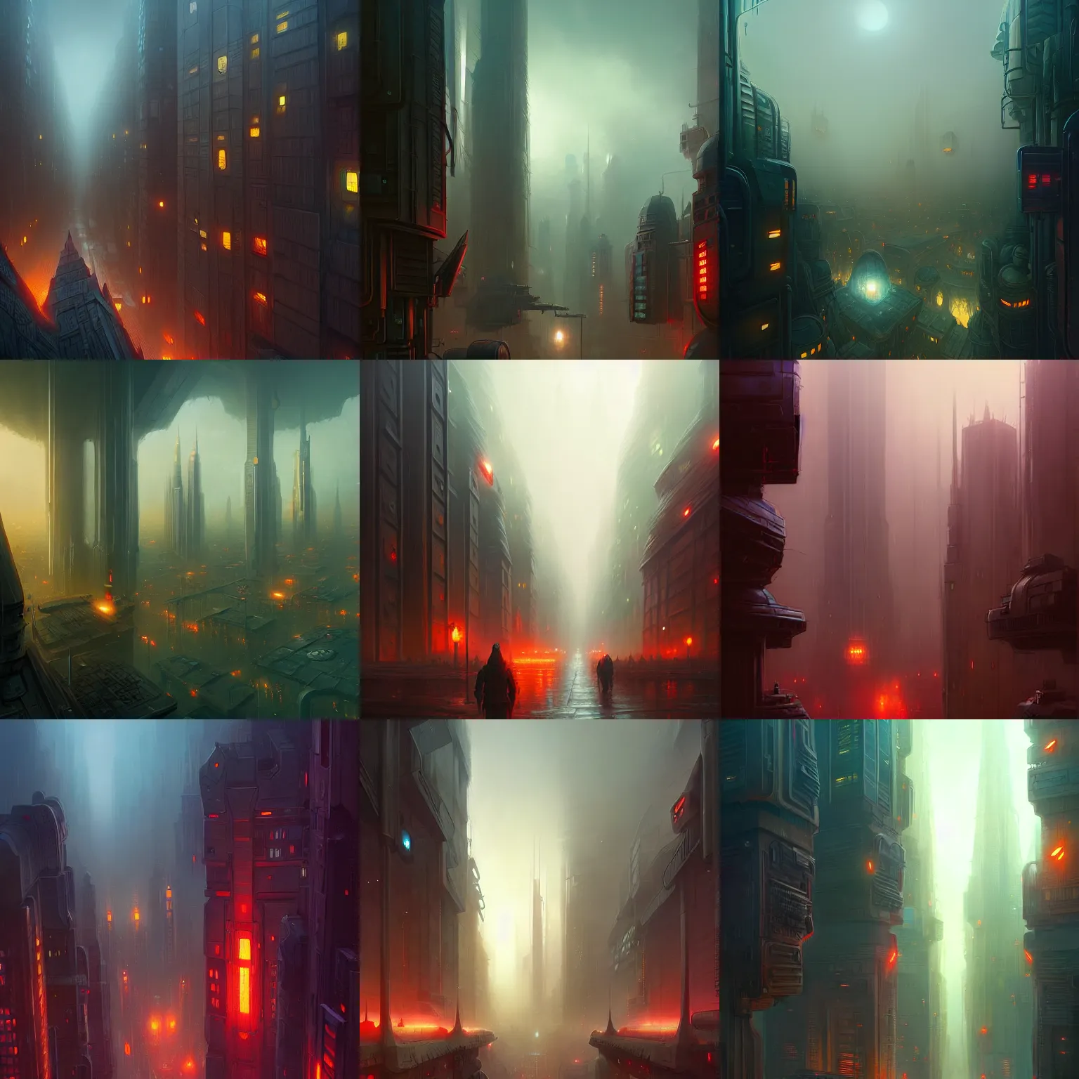 Prompt: science fiction city, high details, moody, wide shot, andreas rocha, marc simonetti, cgsociety