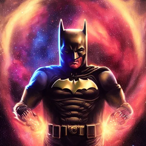 Image similar to Portrait of cosmic Batman, Batsuit made of stars, galaxies, nebulas, intricate, cinematic lighting, highly detailed, digital painting, artstation, concept art, smooth, sharp focus, illustration, art by Artgerm and Greg Rutkowski