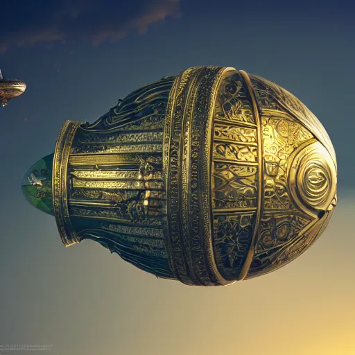 Image similar to enormous flying city in a faberge egg, sky, steampunk, fantasy art, masterpiece, octane render