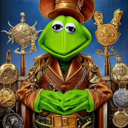 Image similar to Kermit the frog as an army general wearing many medals, Realistic, Regal, Refined, Detailed Digital Art, Michael Cheval, Walt Disney (1937), François Boucher, Oil Painting, Steampunk, Highly Detailed, Cinematic Lighting, Unreal Engine, 8k