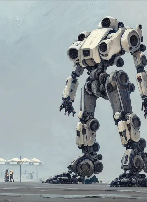 Prompt: an intricate oil painting of a giant pristine white mechsuit mecha mech with rounded components and tarpaulin cloak by simon stalenhag, by ian mcque inspired by nier : automata, clean white lab background