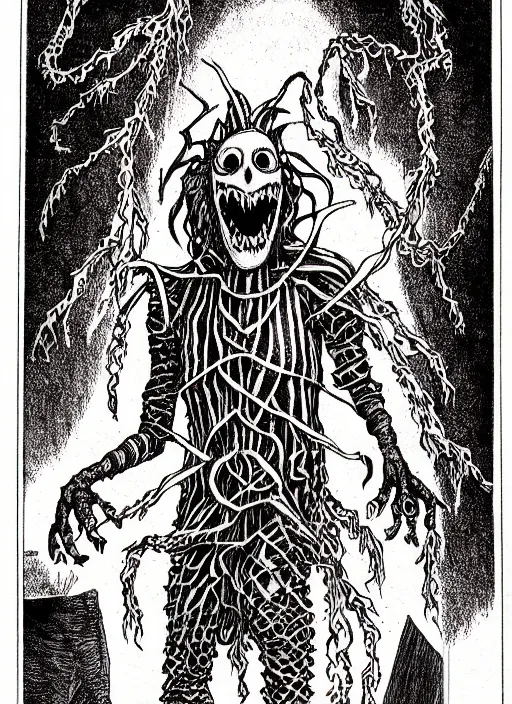 Image similar to the ghost beetlejuice, as a d & d monster, full body, pen - and - ink illustration, etching, by russ nicholson, david a trampier, larry elmore, 1 9 8 1, hq scan, intricate details, inside stylized border