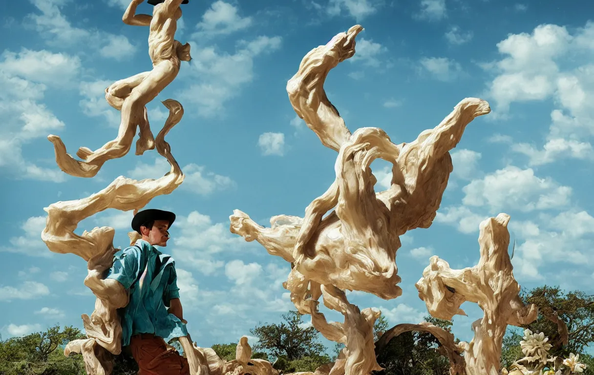 Image similar to a cowboy turning into blooms by slim aarons, by zhang kechun, by lynda benglis. tropical sea slugs, angular sharp tractor tires. complementary bold colors. warm soft volumetric dramatic light. national geographic. 8 k, rendered in octane. angular sculpture by antonio canova by gian lorenzo bernini.