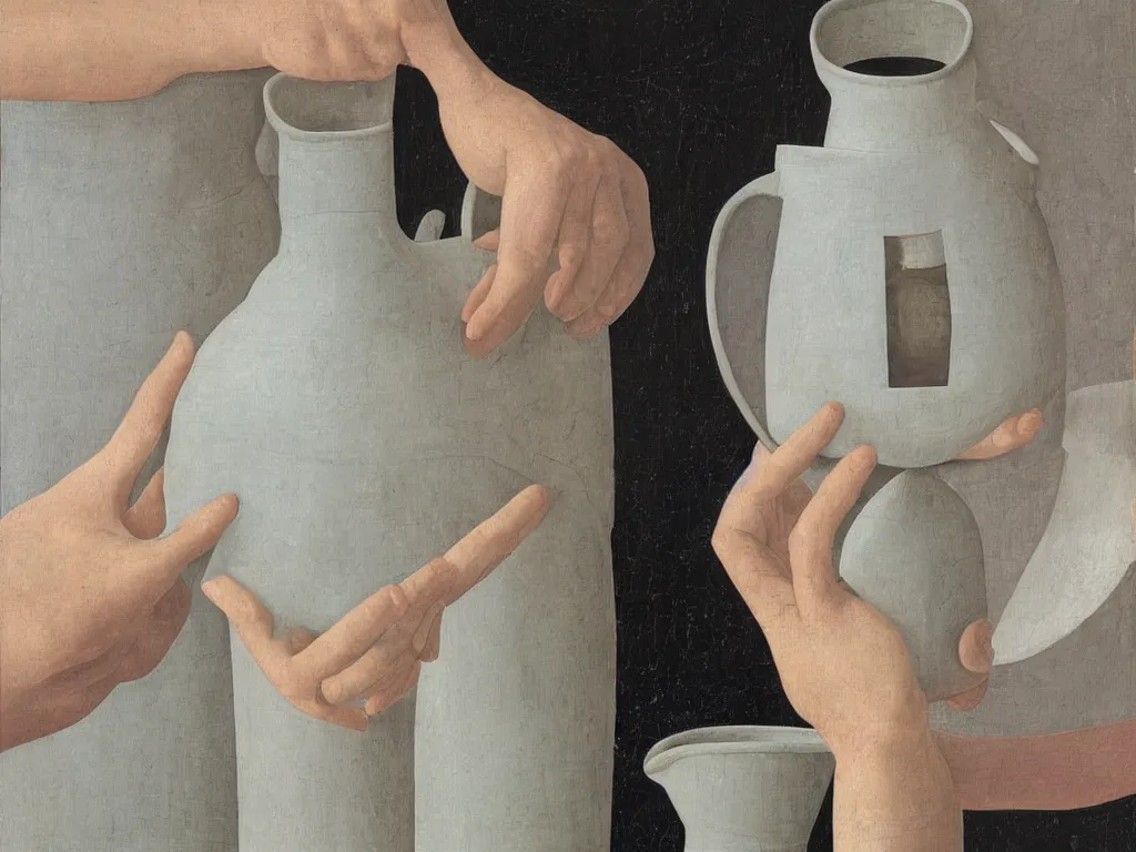 Image similar to Close up of delicate hands holding a water jug. Painting by Alex Colville, Piero della Francesca