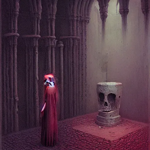 Image similar to cute girl in necromancer crypt by beksinski