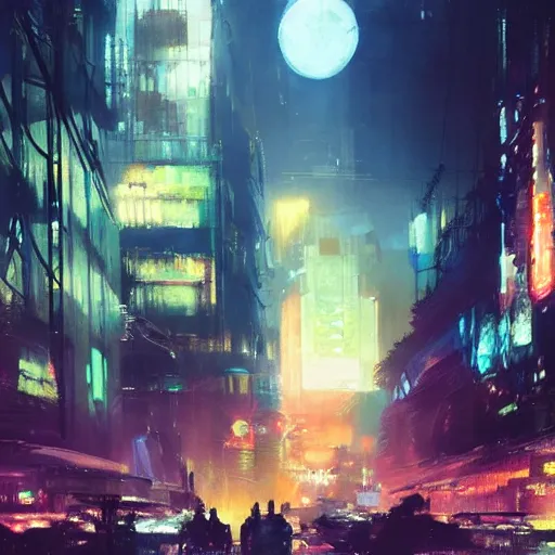 Prompt: a rundown futuristic city scene at night with neon lights and the moon high in the sky and raining, sci fi splash art by craig mullins, greg rutkowski