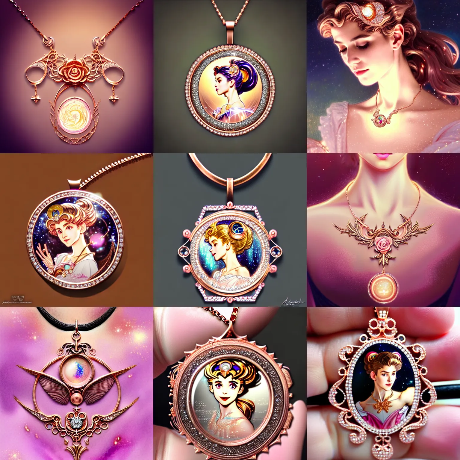 Prompt: a beautiful photorealistic necklace made of rose gold glowing in sparkles with heavenly notes Neo Rococo, highly detailed sailor moon aesthetic, fantasy, intricate, elegant, highly detailed, digital painting, artstation, concept art, matte, sharp focus, illustration, Maximalism Artgerm and Greg Rutkowski and Alphonse Mucha