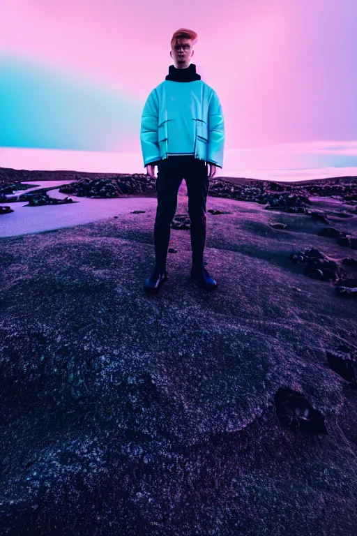 Image similar to high quality pastel coloured film wide angle selfie photograph of an male cyber boy standing in an icelandic black rock environment. three point light. photographic. art directed. pastel colours. volumetric light. stark. waves glitch. 8 k. filmic.