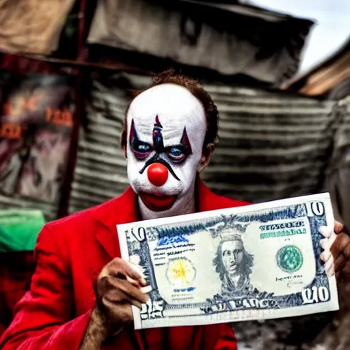 Image similar to A poor clown holding a giant dollar banknote, background is a slum, cinematic, epic, highly-detailed