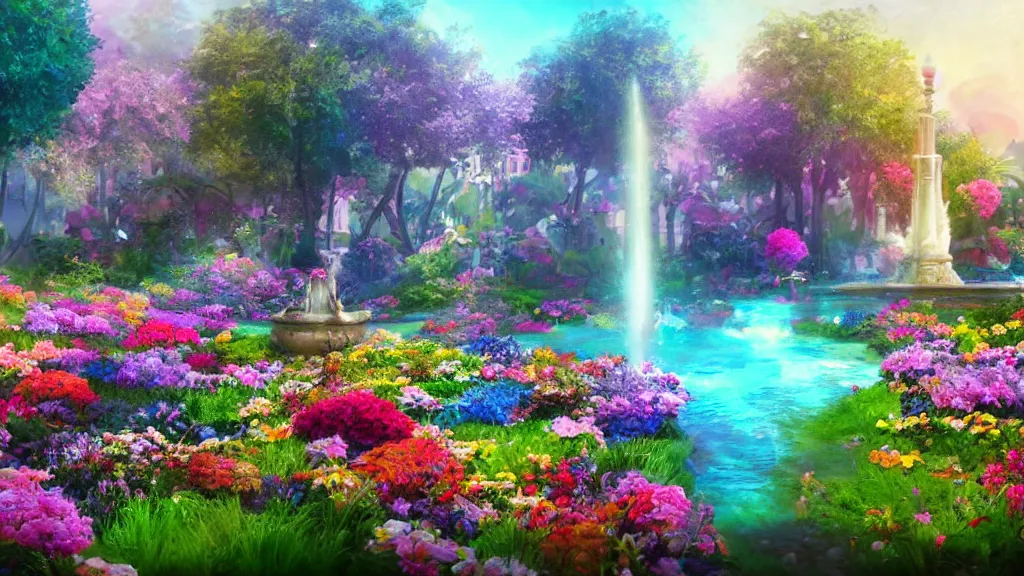 Prompt: Beautiful Flower garden with a fountain ” Beautiful Dreamscape, Digital art, concept art, detailed, lovely colors, Art station,3-D 4K, beautiful background, matte painting, ,