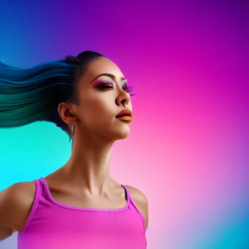 Image similar to a award winning half body portrait of a beautiful woman in a croptop with a ombre purple pink teal hairstyle with head in motion and hair flying, teal gradient background, outrun, vaporware, vivid colors, highly detailed, fine detail, intricate