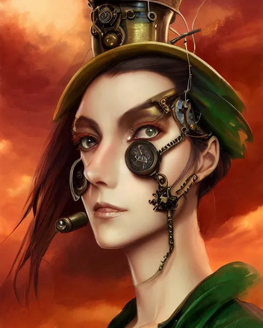 Image similar to a beautiful close up portrait 2D illustration of a young female steampunk pirate wearing leather armor on gold and red trimmings on green, by Charlie Bowater, tom bagshaw, Artgerm and Lois Van Baarle, beautiful anime face, very cool pose, pirate ship with an epic sky background, slightly smiling, cinematic anime lighting and composition, fantasy painting, very detailed, ornate, trending on artstation and pinterest, deviantart, google images