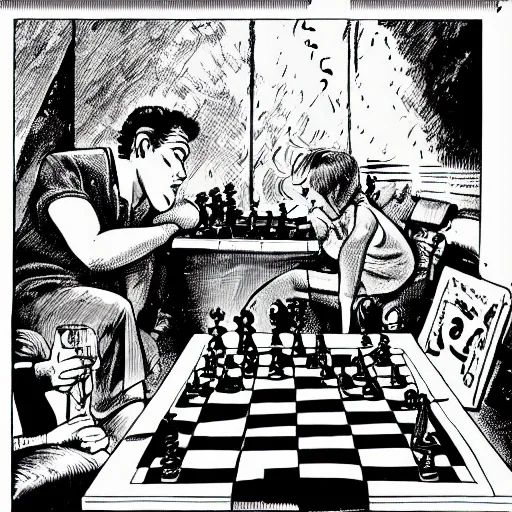 Image similar to dream and desire playing a match of chess, comic art