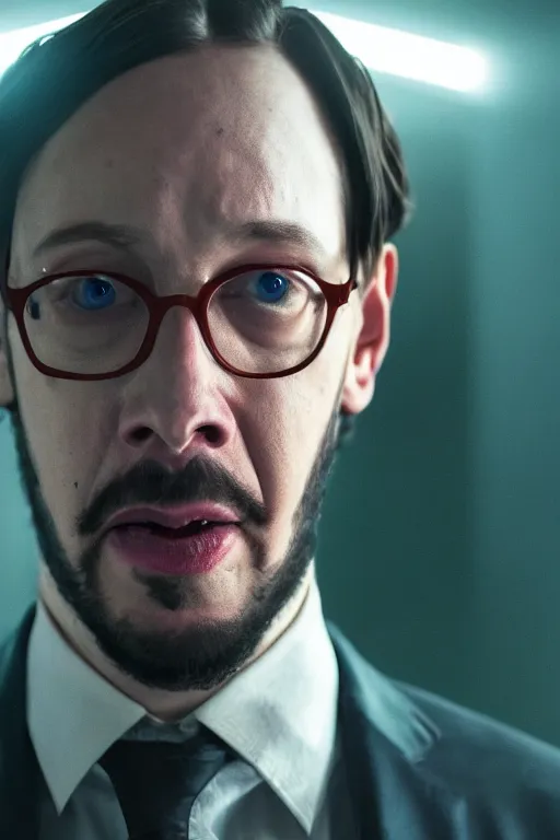 Prompt: A still of Sam Hyde as John Wick, close-up, sigma male, rule of thirds, award winning photo, unreal engine, studio lighting, highly detailed features, raining, ethereal lighting