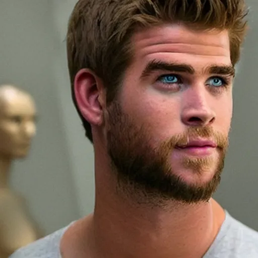 Image similar to “a realistic detailed photo of a guy who is an attractive humanoid who is half robot and half humanoid, who is a male android, actor Liam Hemsworth, shiny skin, posing like a statue, blank stare, at the museum, on display”