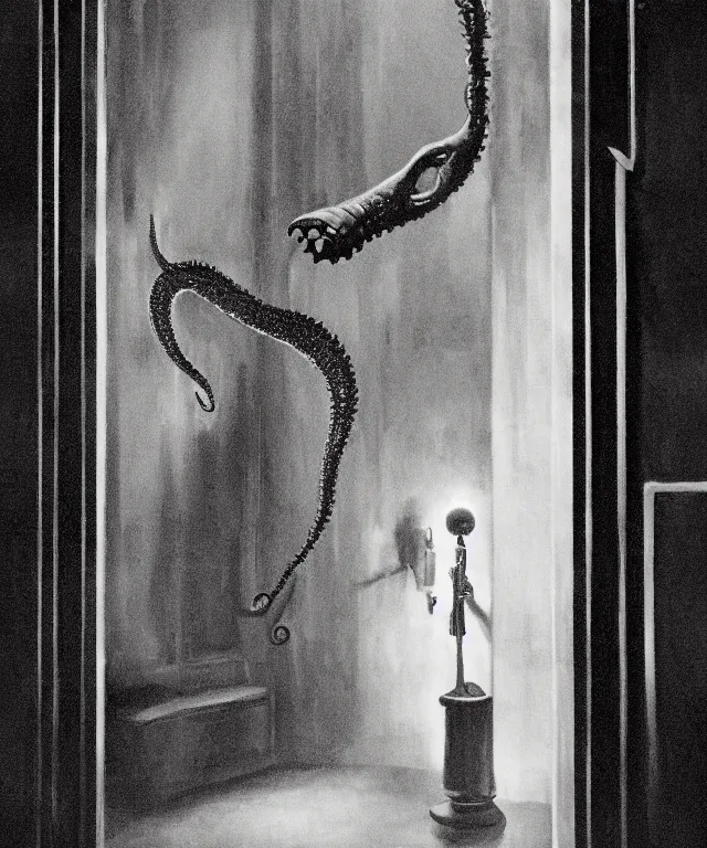 Prompt: horrifying photorealistic image of a 1 9 2 5 hotel elevator lobby, elevator doors look like a mouth, with a tentacle - shaped tongue, licking out, full color, dark, atmospheric, brooding, smooth, finely detailed, cinematic, epic, in the style of lee gibbons