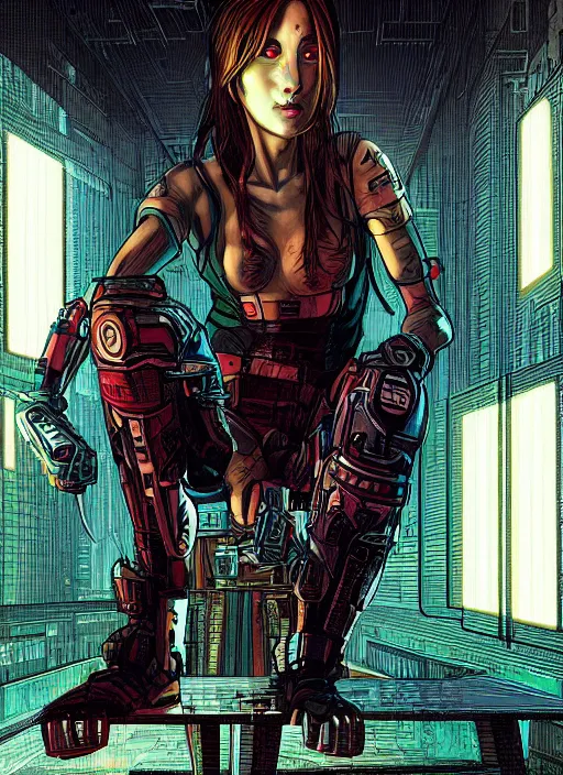 Prompt: An epic fantastic realism graphic novel cover style painting of a beautiful girl sitting on a stool in a dark room with laser light, cyberpunk, dynamic lighting by Paolo Eleuteri Serpieri