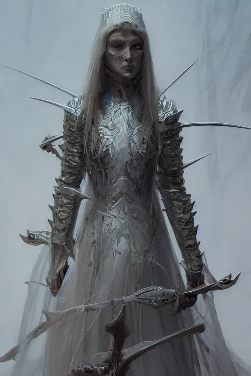 Prompt: the white lady in armor with long hairs, art by James Jean and Wayne Barlowe, high detail, cinematic, cgsociety 8k