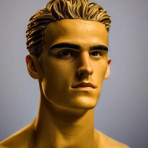 Image similar to “ a realistic detailed photo of a guy who is an attractive humanoid who is half robot and half humanoid, who is a male android, soccer player antoine griezmann, shiny skin, posing like a statue, blank stare, at the museum, on display, spiral hypnotic eyes ”
