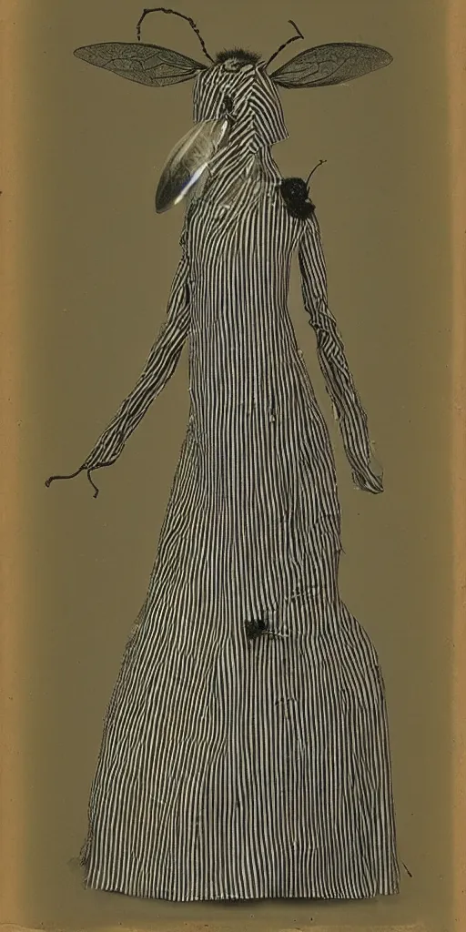 Image similar to an anthromorphic bee woman wearing striped couture made out of wax and paper