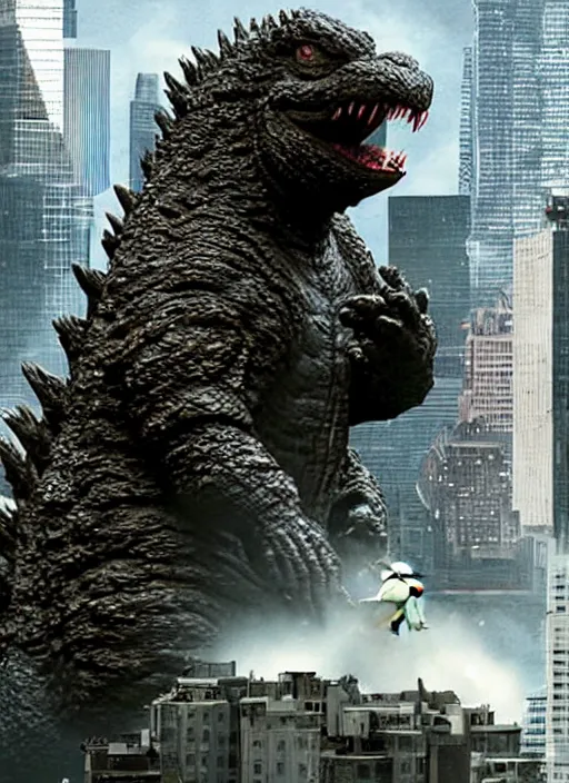 Image similar to godzilla eating a sandwich made of buildings, realistic, still shot from the new godzilla movie