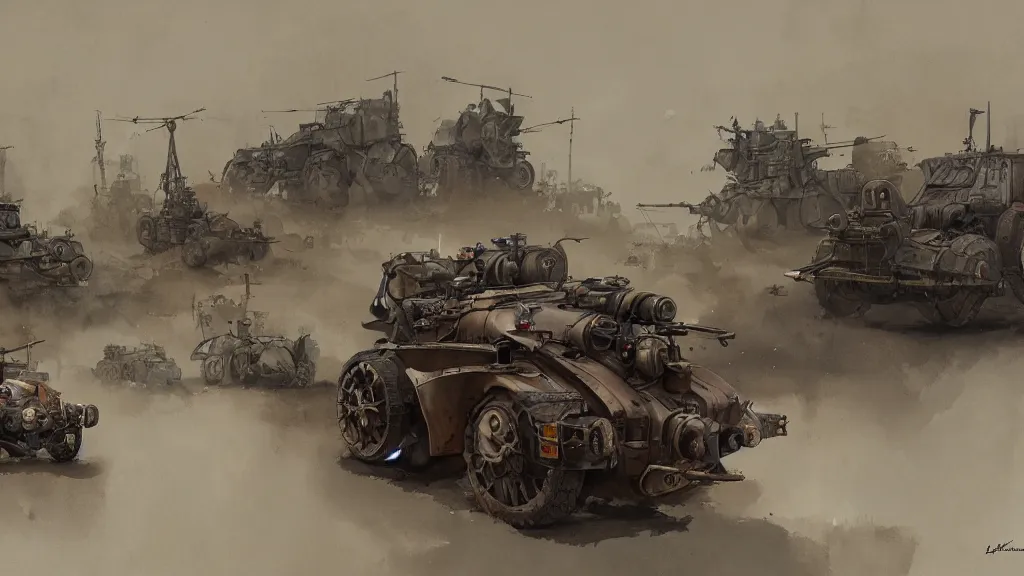 Image similar to overview of dieselpunk vehicles, watercolored, jakub rozalski, dark colours, dieselpunk, artstation