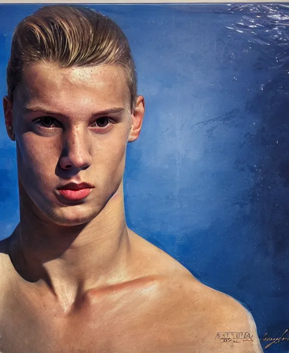 Image similar to portrait of a handsome young swedish swimmer, art by denys tsiperko and bogdan rezunenko, hyperrealism