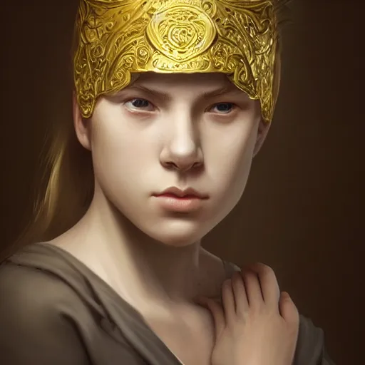 Image similar to 1 5 year old white girl with a white shirt that has one shoulder visible, wears black sports shorts and a golden mask on her face, intricate, highly detailed, digital painting, artstation, concept art, smooth, sharp focus, illustration, unreal engine 5, 8 k, art by artgerm and greg rutkowski and alphonse mucha