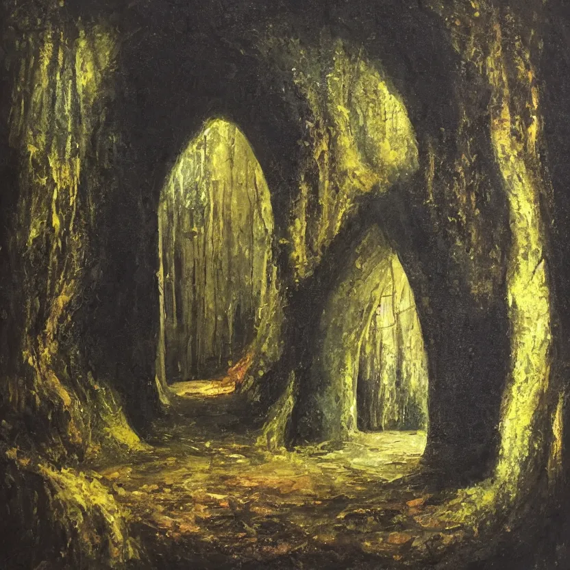 Prompt: the inside of a dark dungeon, looking outwards to a beautiful, colourful forest as a stone door slides down covering half of the entrance, oil painting