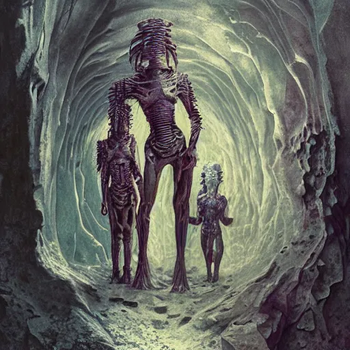 Image similar to painting of a creepy family wearing body armor, intercrossed humans, mixed animal, in a beautiful crystal caverine, by giger, zdzislaw beksinski, frank frazette, cold hue's, amazing colorful background, digital art, concept art, animal painting, beautiful composition 3 - d 4 k,