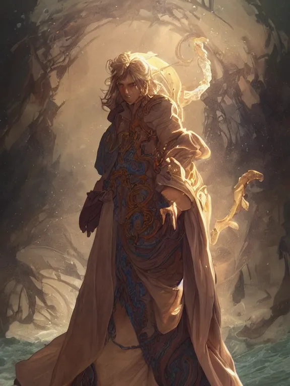 Image similar to young summoner with a water elemental, fantasy, man, intricate, elegant, highly detailed, digital painting, artstation, concept art, wallpaper, smooth, sharp focus, illustration, art by artgerm and greg rutkowski and alphonse mucha