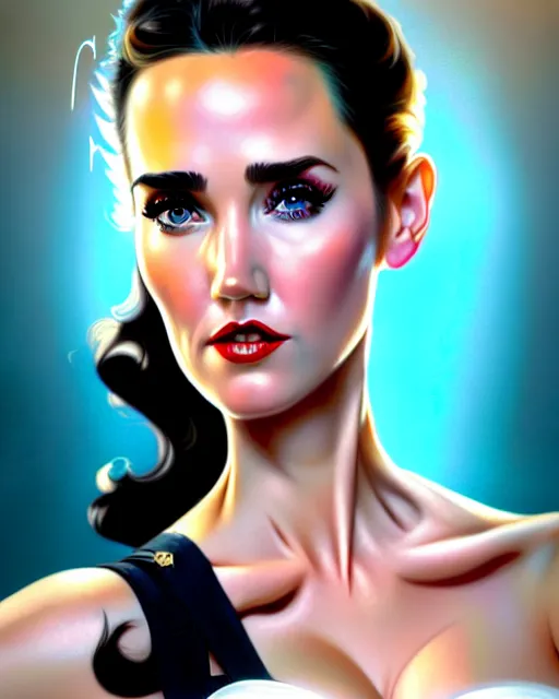 Image similar to a pin up and beautiful fashion charming dreamlke jennifer connelly, symmetrical face symmetrical eyes, character art, art by artgerm lau and wlop and and ilya kuvshinov and john singer sargent, hyperdetailed, 8 k realistic, symmetrical, frostbite 3 engine, cryengine, dof, trending on artstation, digital art