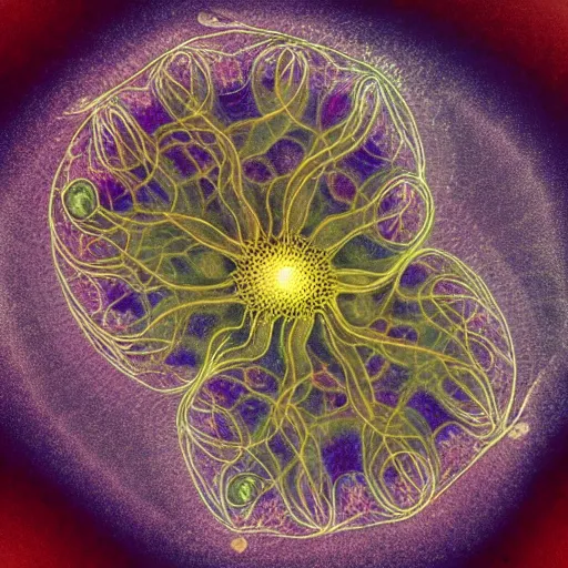 Prompt: the pseudopodia of two cells interacting. a microscopic photo by earnst haeckel. polycount shutterstock contest winner, art nouveau, nuclear art, microbiology, neoplasticism. biomorphic, creative commons, fractalism, airbrush art, minimalist macro photography, photoillustration, dye - transfer, sabattier filter.