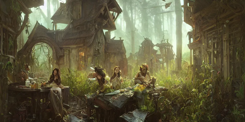 Image similar to a hyperrealistic render of a ramshackle abode in a bog, outdoor, art by Artgerm and Greg Rutkowski and Alphonse Mucha, hearthstone art style, epic fantasty card game art, Beautiful dynamic dramatic moody lighting, shadows, cinematic, Octane, 8K