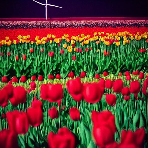 Prompt: “a burning wind turbine in a field of tulips at night time. It is night and very dark. Fireworks in the night sky. 35mm film. Cursed image.”