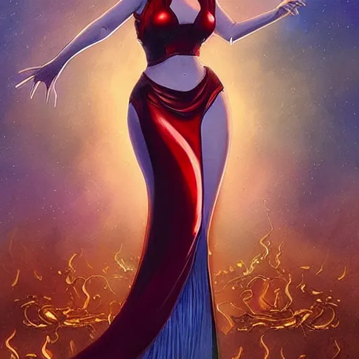 Image similar to anna kendrick dressed as jessica rabbit holding a glowing wand in one hand and a large leather bound book, fantasy, intricate, elegant, highly detailed, digital painting, artstation, concept art, matte, sharp focus, illustration, in the style of magic the gathering, art by artgerm and greg rutkowski and alphonse mucha