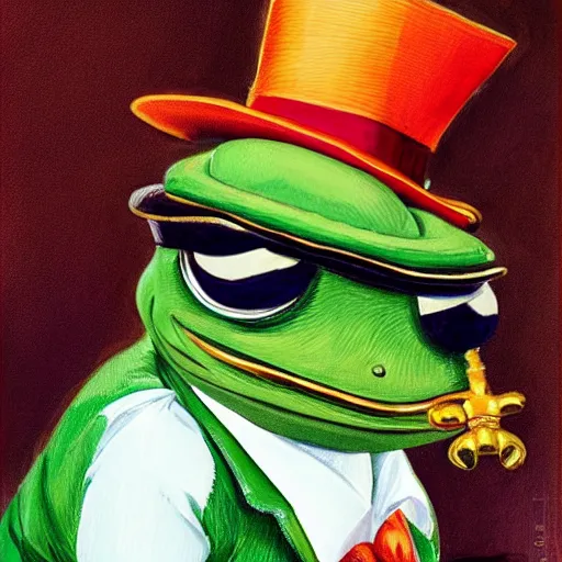 Prompt: pepe the frog at the royal ascot, wearing morning suit and top hat, uncropped painting by Joseph Christian Leyendecker