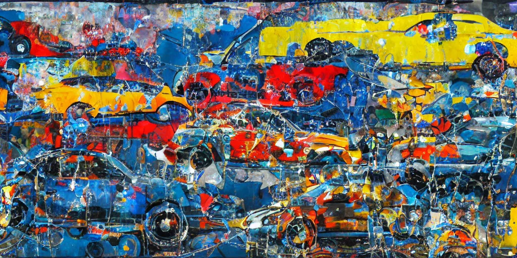 Image similar to car wash, big chain, collage, acrylic on canvas, expressionism movement, breathtaking detailed, by blake neubert