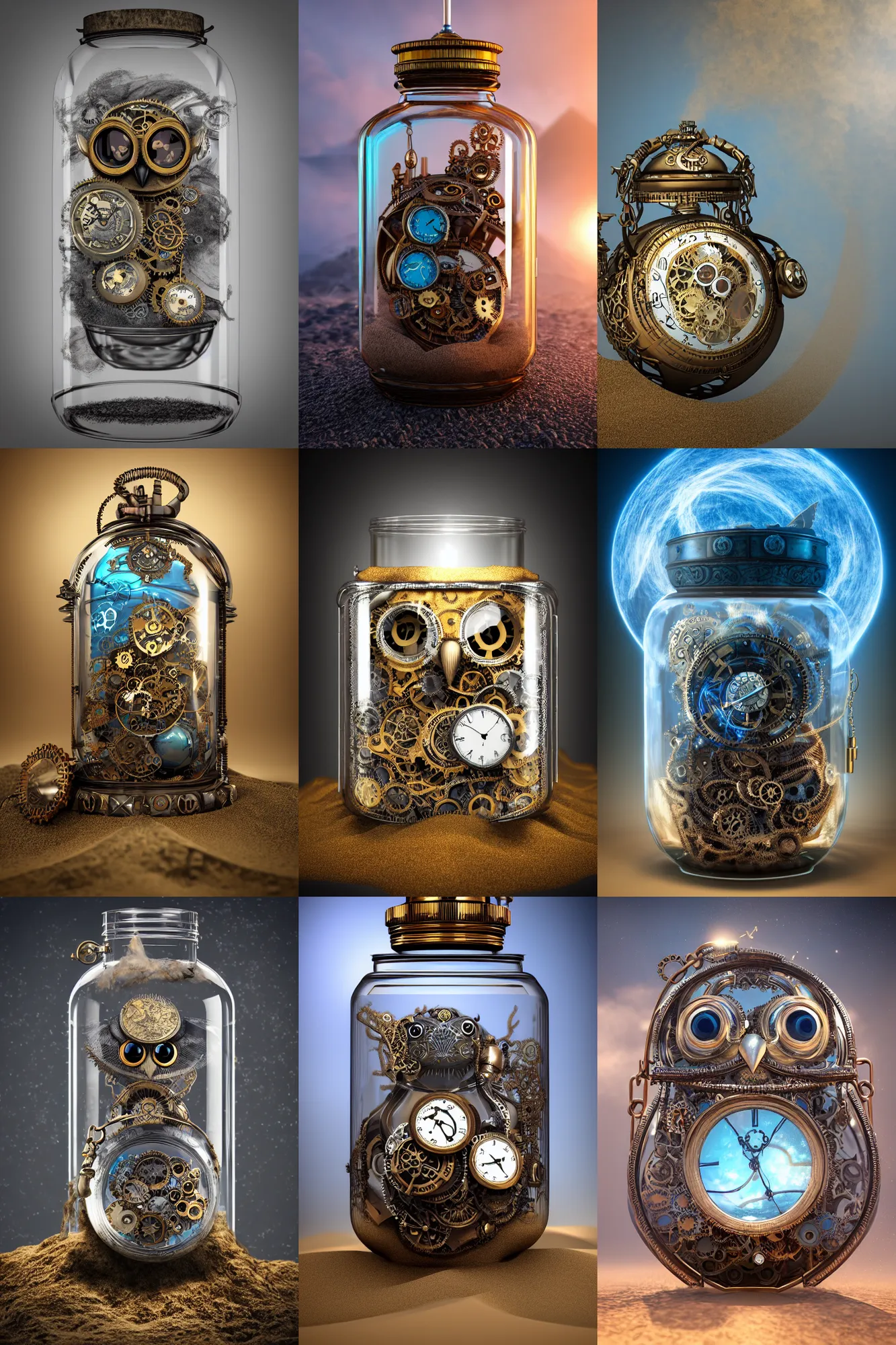 Prompt: steampunk owl pocketwatch inside a glass jar buried in sand, intricate detail, volumetric lighting, epic composition, hyper detailed, ultra realistic, sharp focus, octane render, volumetric, ray tracing, sense of awe, swirling mist, blue moon